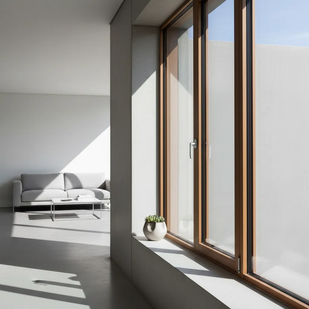 Detalle de ventana moderna con triple acristalamiento en vivienda eficiente