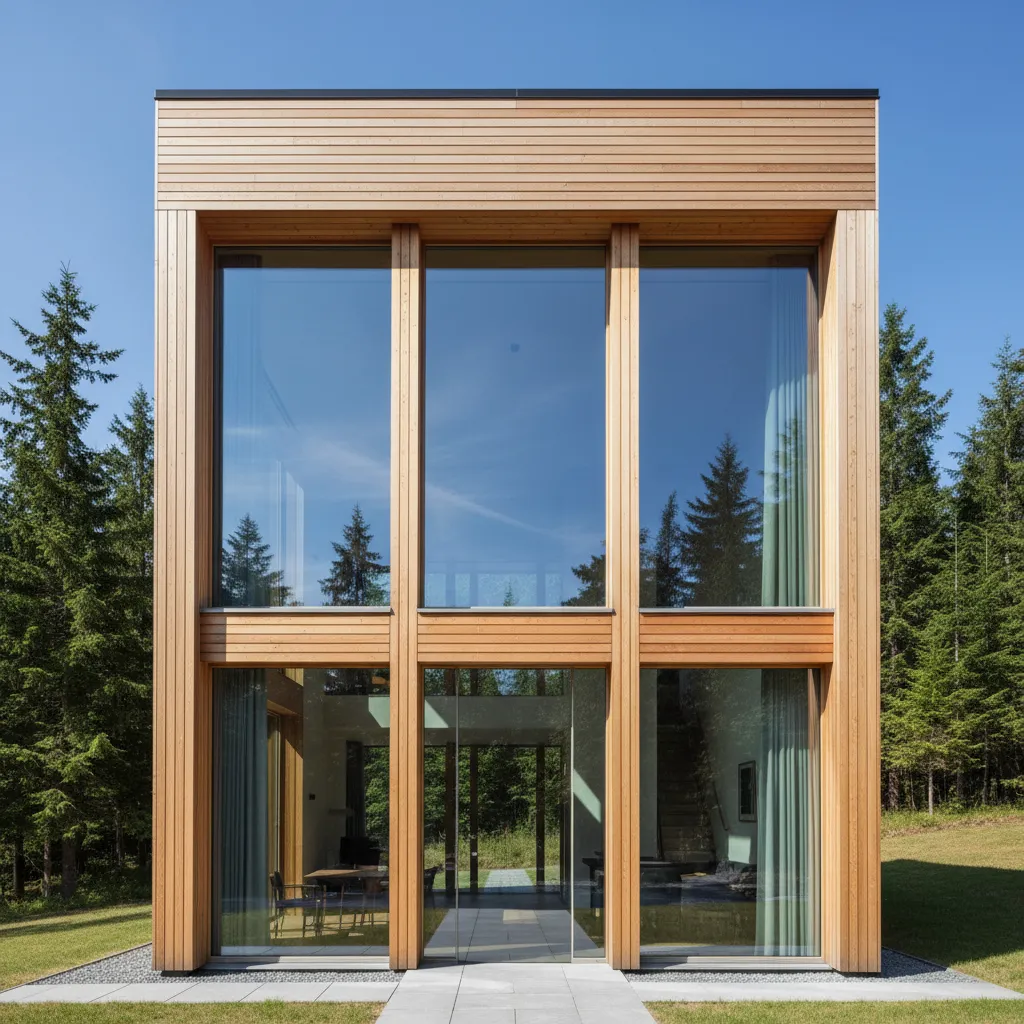 Fachada de casa de madera con ventanas verticales modernas