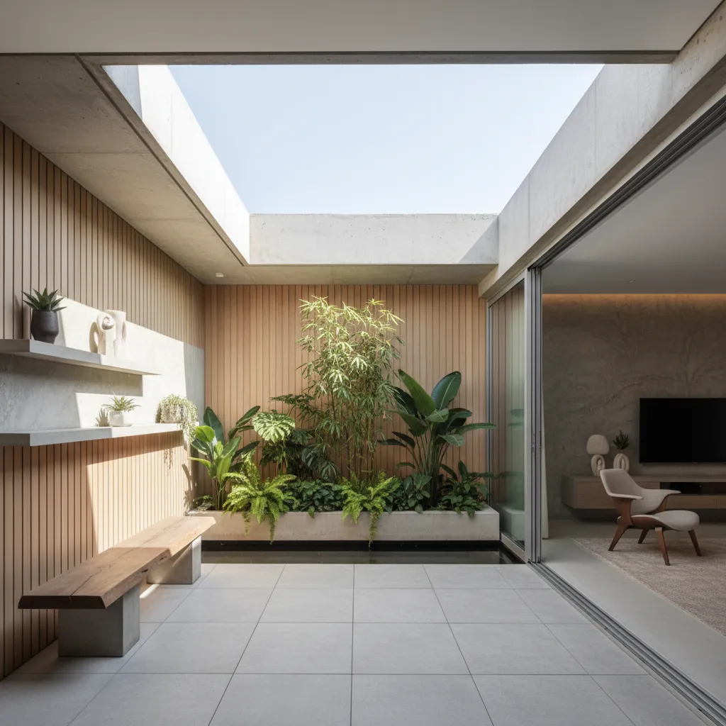 Patio interior que permite ventilación y luz natural en casa compacta