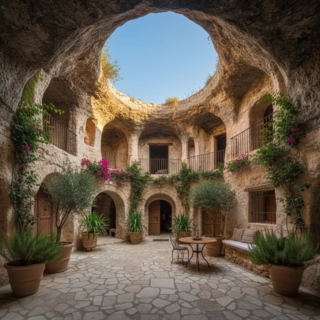 Patio excavado que aporta ventilación a una casa cueva