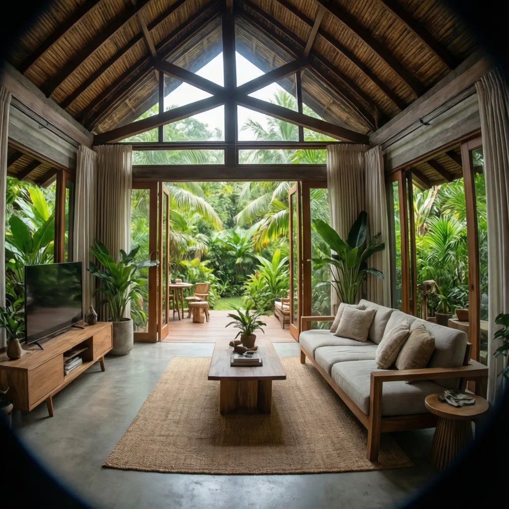 Interior de casa tropical con ventilación cruzada y ventanas grandes