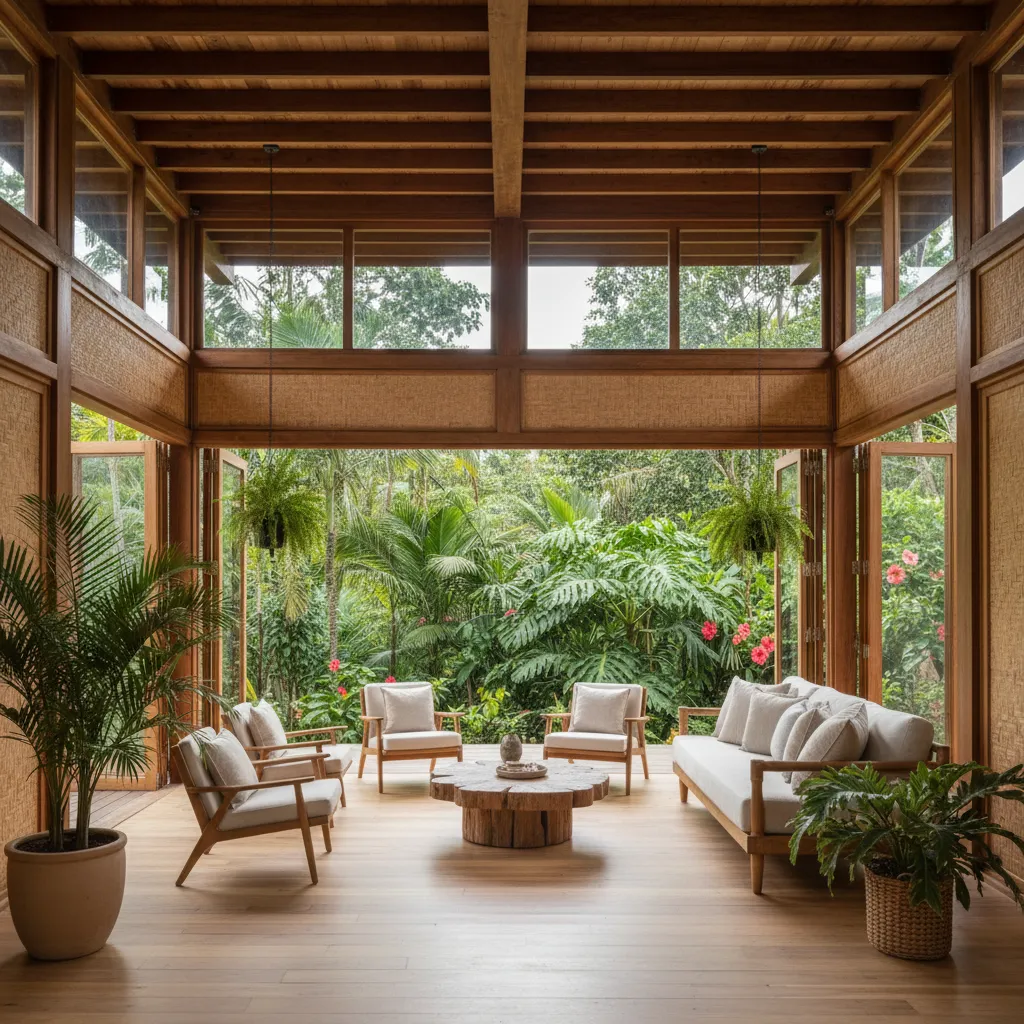 Interior de casa tropical con ventilación cruzada y grandes ventanas