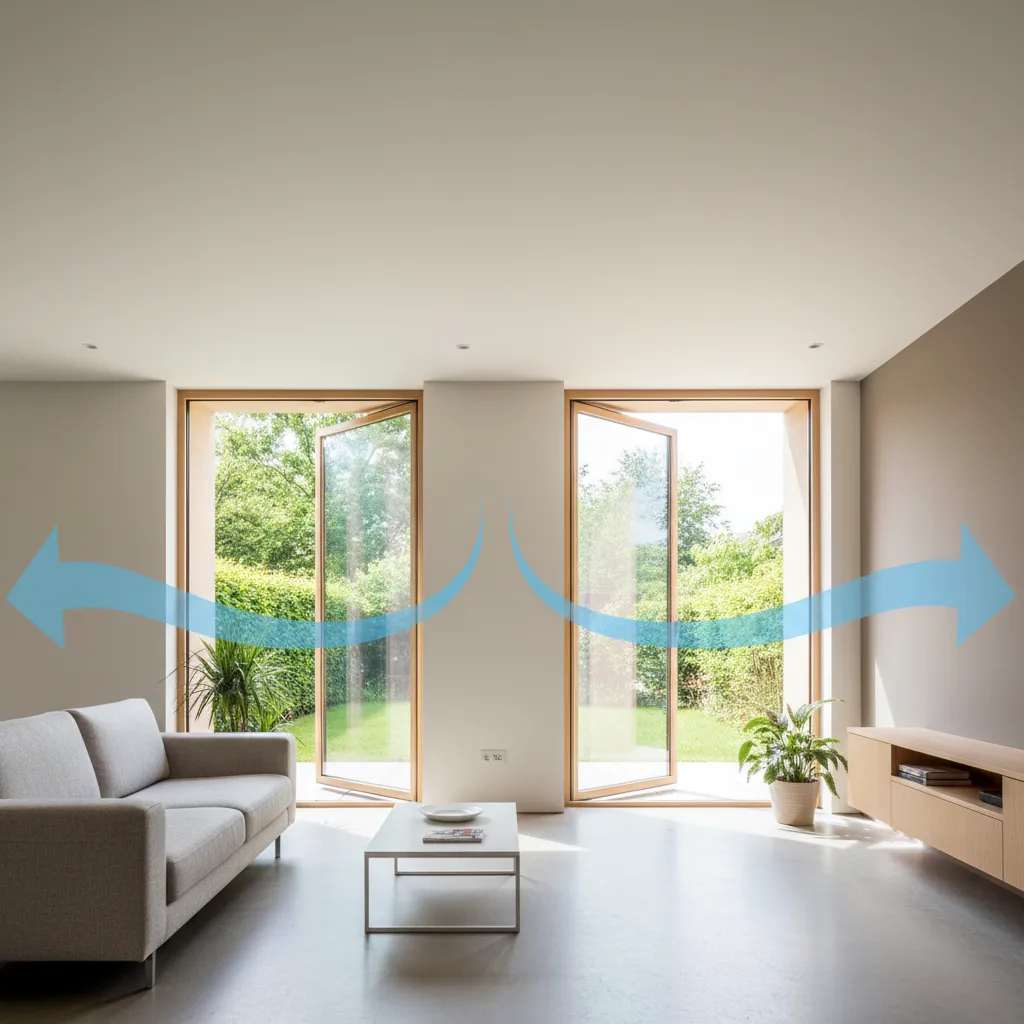 Interior de vivienda con ventilación cruzada a través de ventanas opuestas