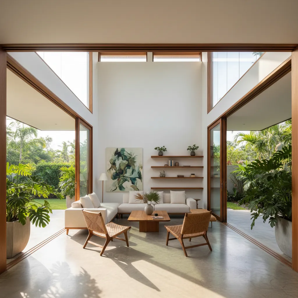 Bright living room featuring white sofa wooden table wall shelves and large open glass windows