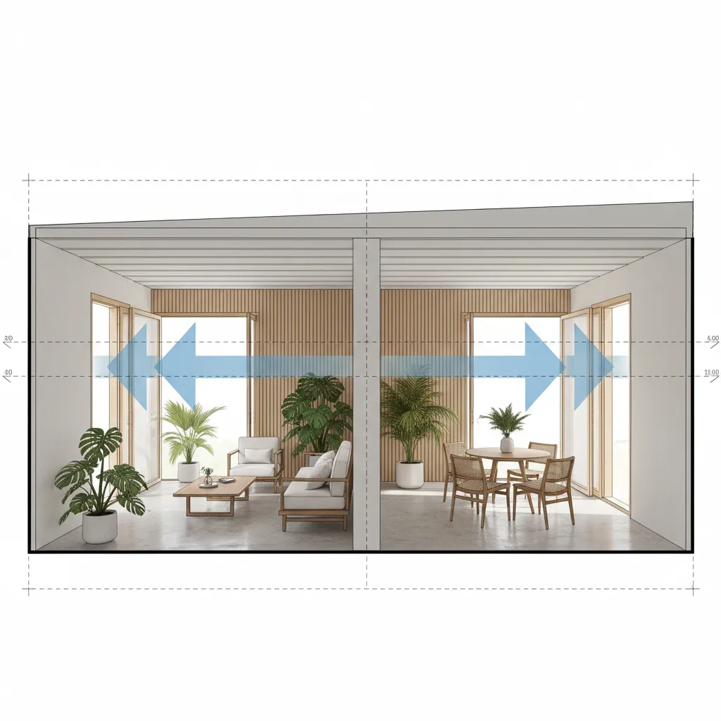Diagrama de ventilación cruzada en una vivienda