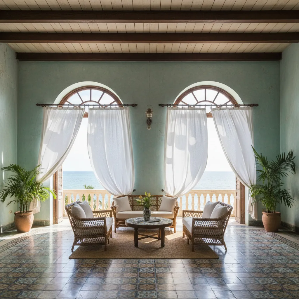 Interior de casa tropical con grandes ventanas enfrentadas para ventilación cruzada