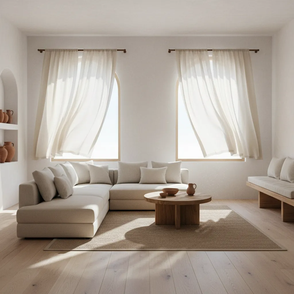 Interior de vivienda mediterránea con ventilación cruzada y grandes ventanas
