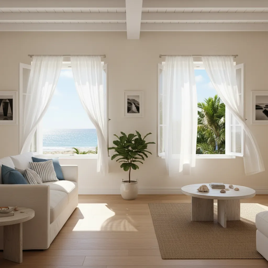 Interior de casa de playa con ventilación cruzada y ventanas abiertas
