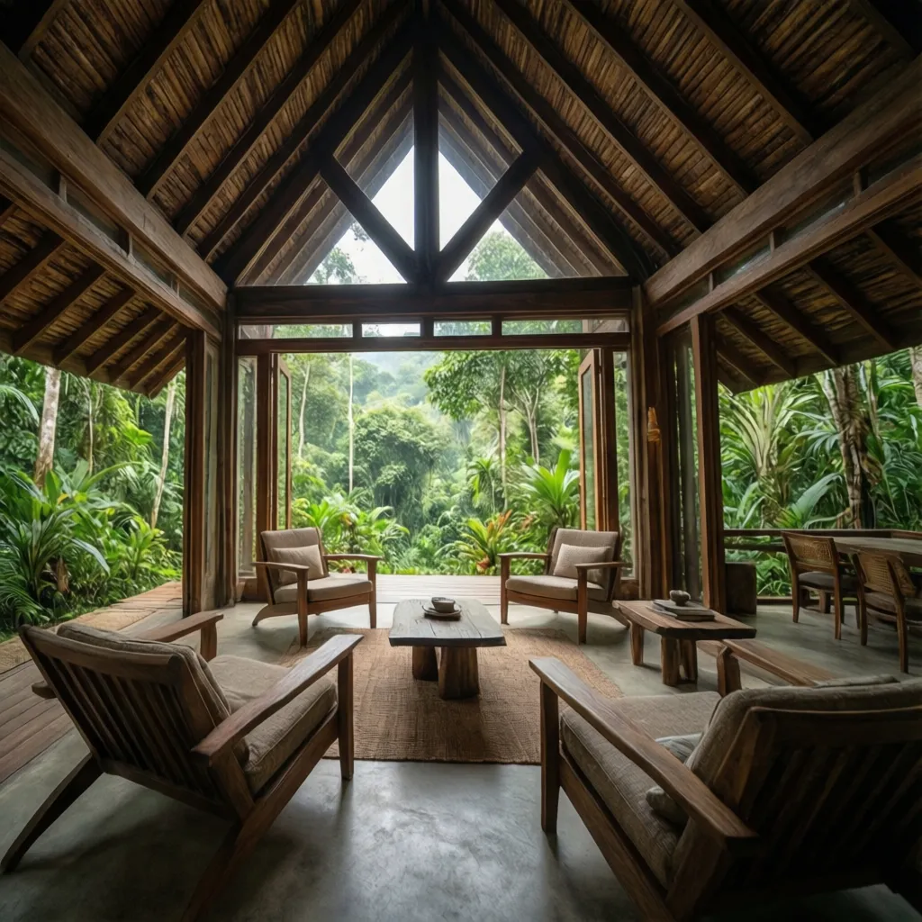 Interior de casa tropical abierta con ventilación cruzada
