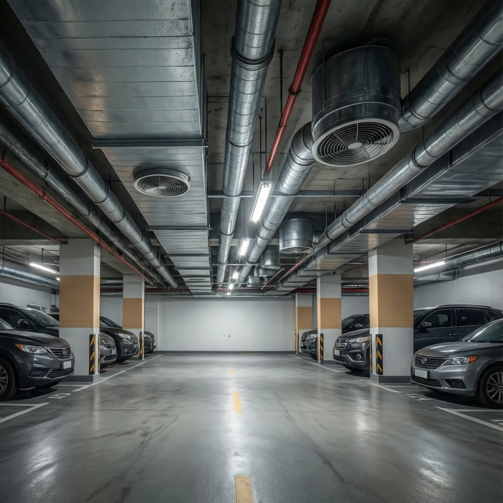 Underground parking lot with silver air pipes and ceiling fans above rows of parked cars