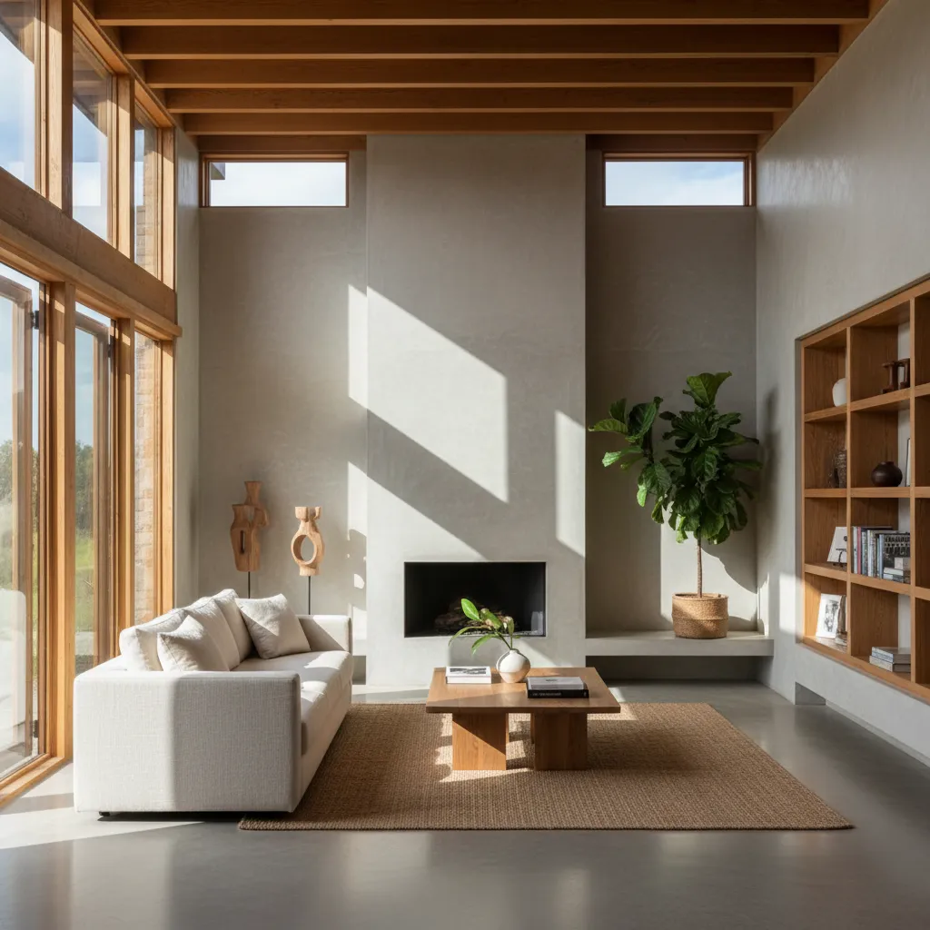 Interior de vivienda con ventilación cruzada y grandes ventanas abiertas
