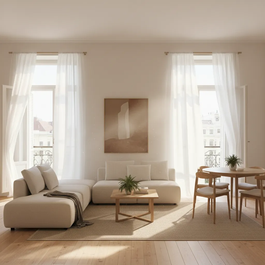 Salón con ventanas abiertas mostrando ventilación cruzada