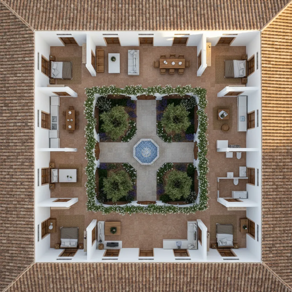 Vista superior de patio central que ilumina varias habitaciones