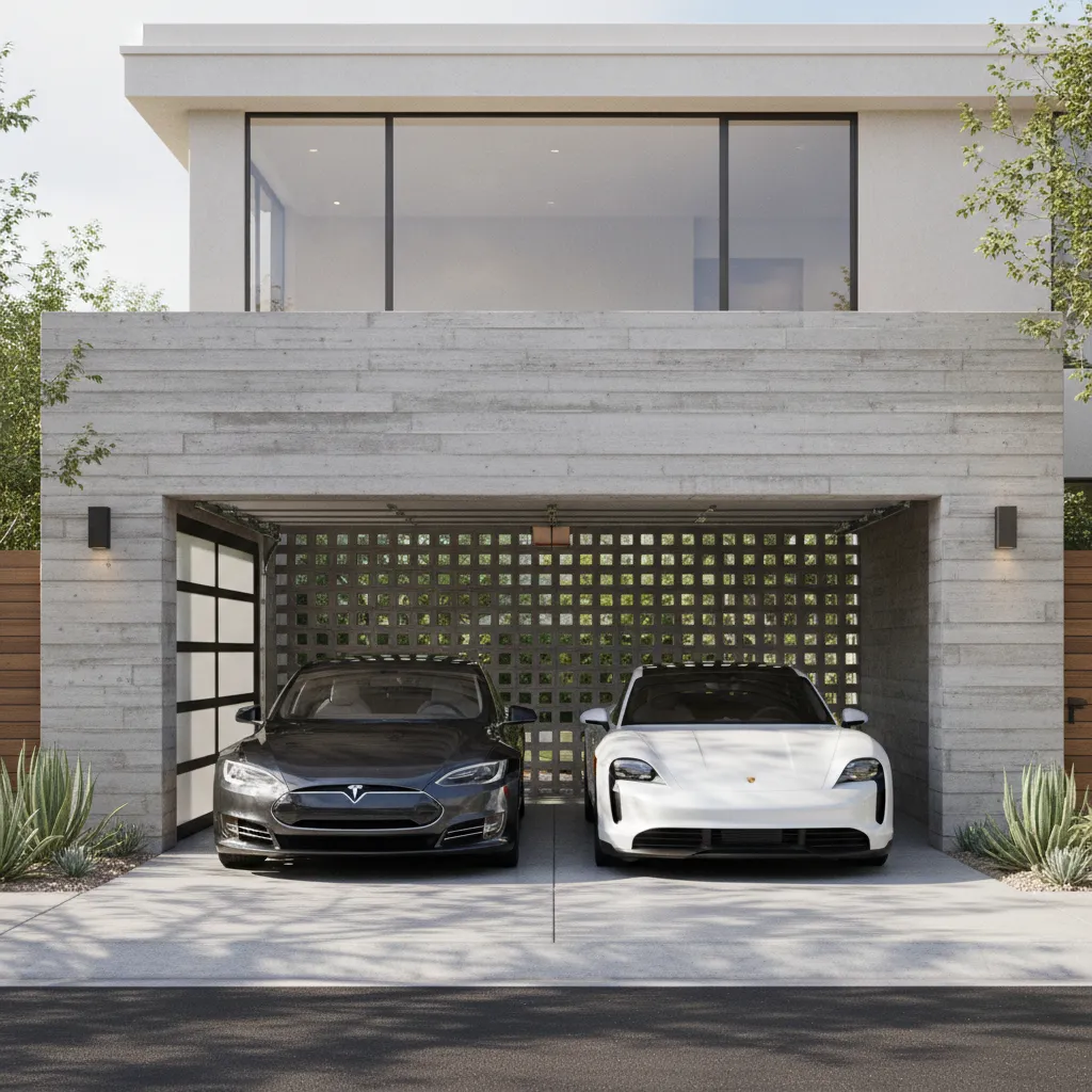 Modern concrete garage with black car and white car parked inside with a grid wall