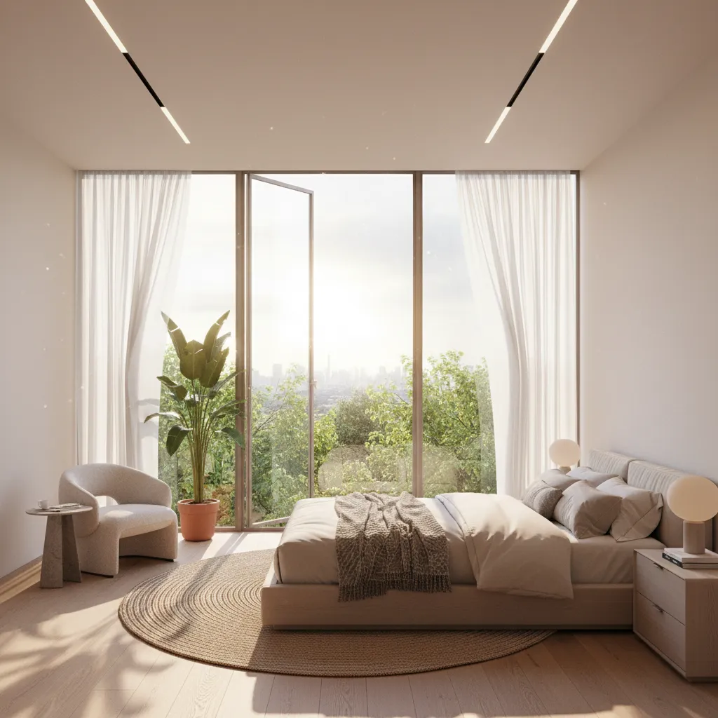 Modern bedroom with large windows, city view, beige bed, round rug, armchair, and green plant