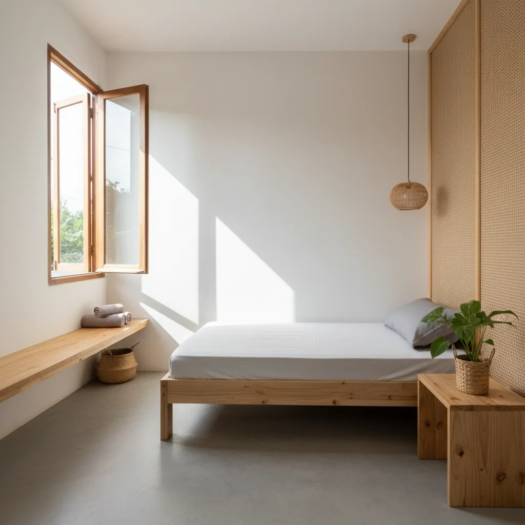 Minimalist bedroom with wooden bed frame open window wall panel and simple hanging light fixture