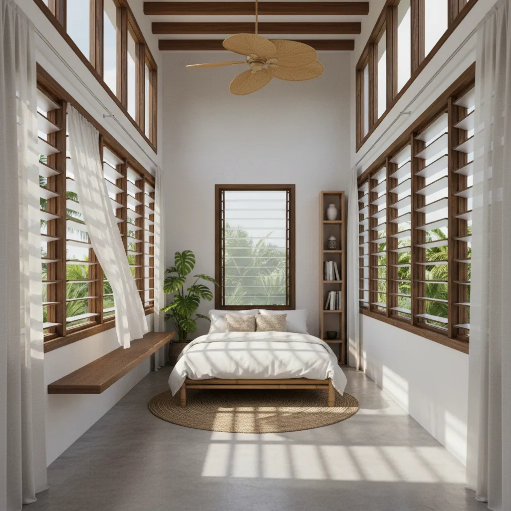 Tropical bedroom design featuring many windows wooden bed white bedding ceiling fan and natural light