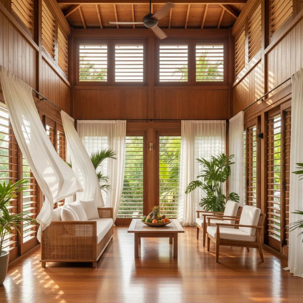 Interior rumah desa dengan jendela besar dan ventilasi alami