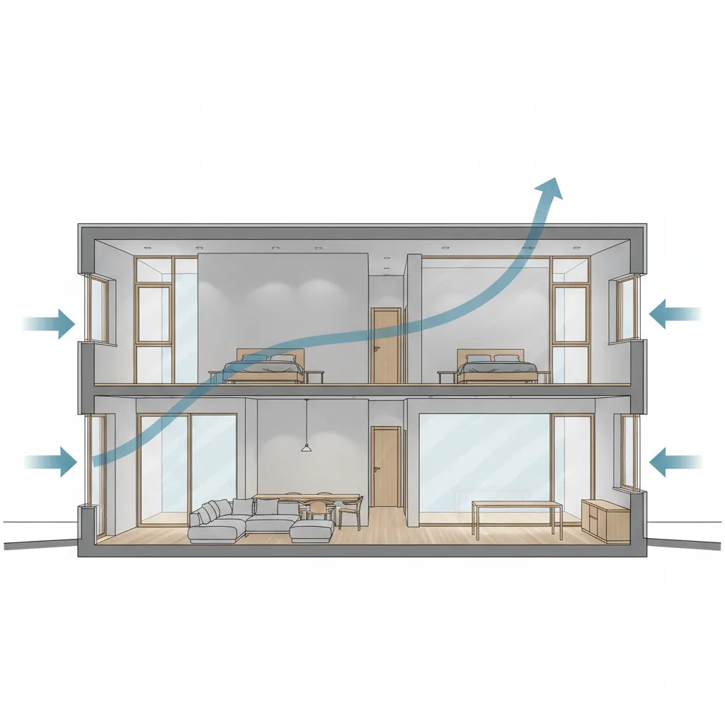 Ilustrasi ventilasi silang pada rumah dua lantai