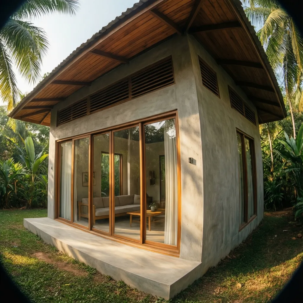 Rumah GRC dengan ventilasi besar untuk iklim tropis