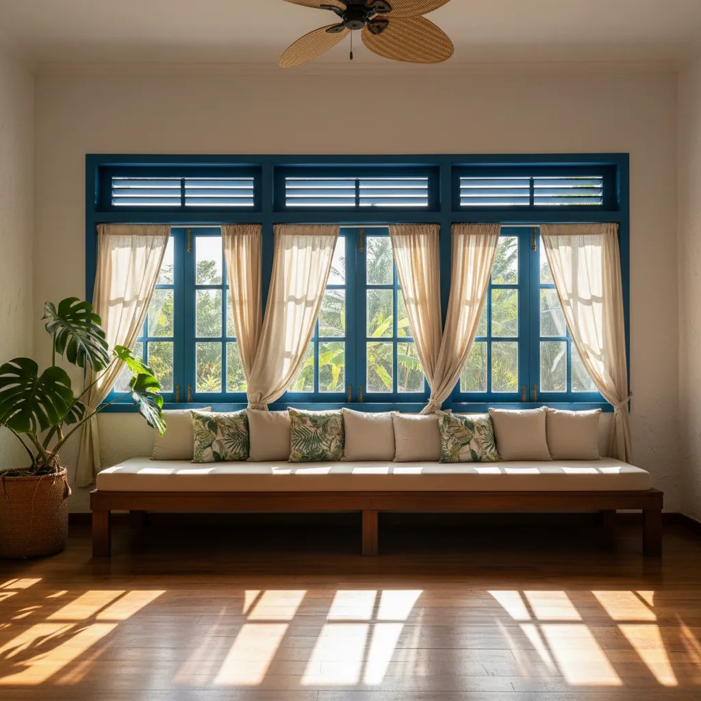 Jendela besar rumah lama dengan ventilasi atas