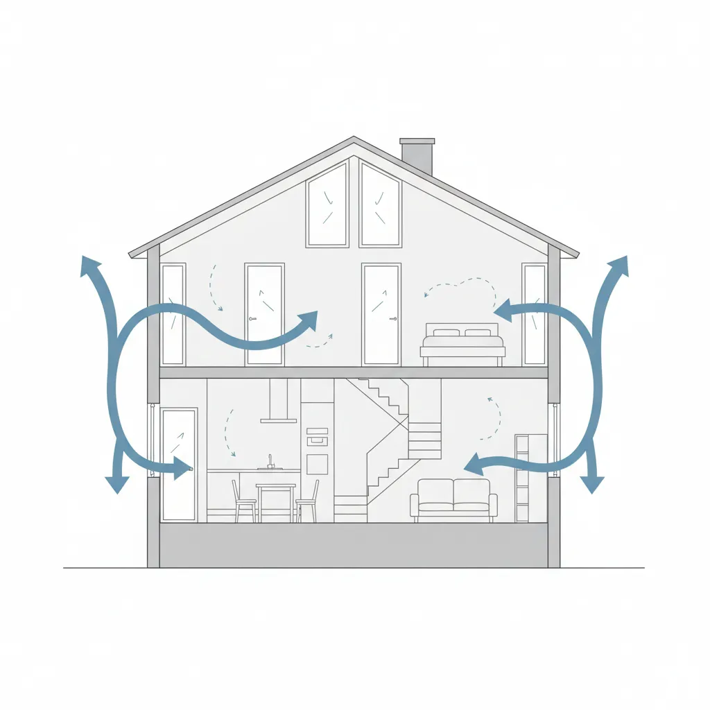Cross section drawing of a two story house showing air flow through windows and rooms