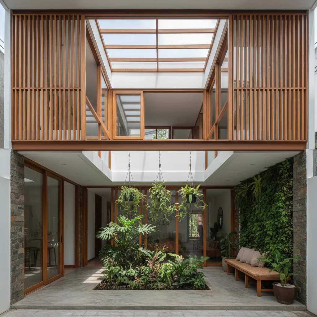 Contoh ventilasi dan taman kecil di rumah memanjang