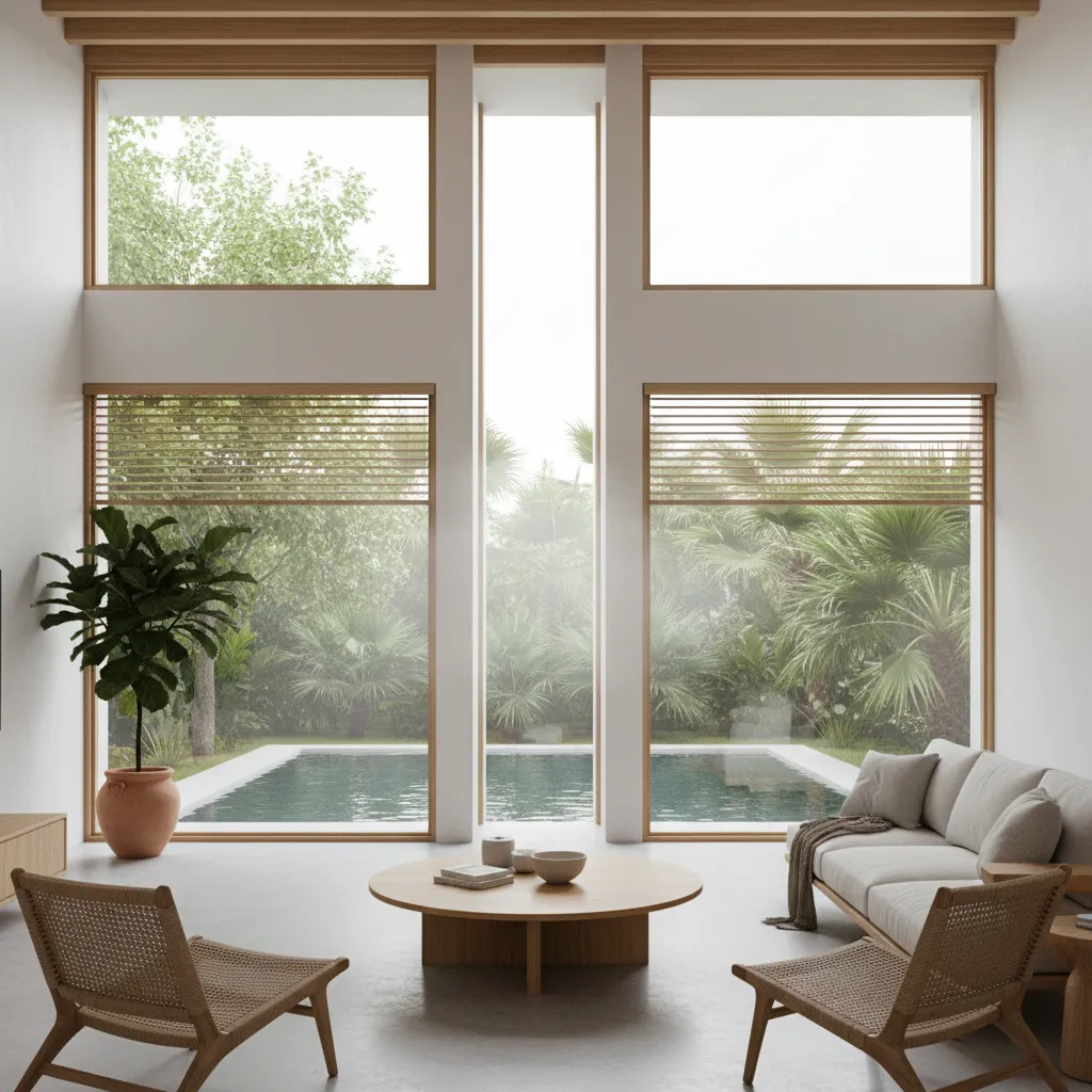 Interior design drawing of bright living room with windows showing a swimming pool and trees