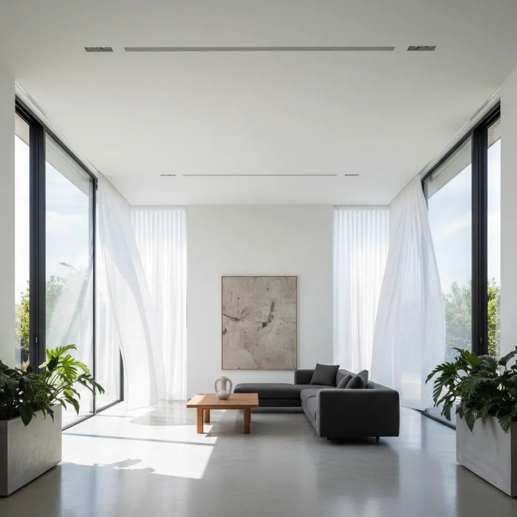 Modern living room interior design drawing with large windows white curtains blowing and dark grey sofa