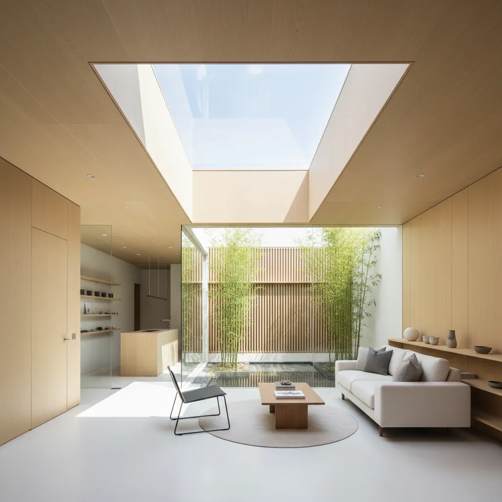 Minimalist living room with white sofa wooden wall panels roof window and bamboo in courtyard
