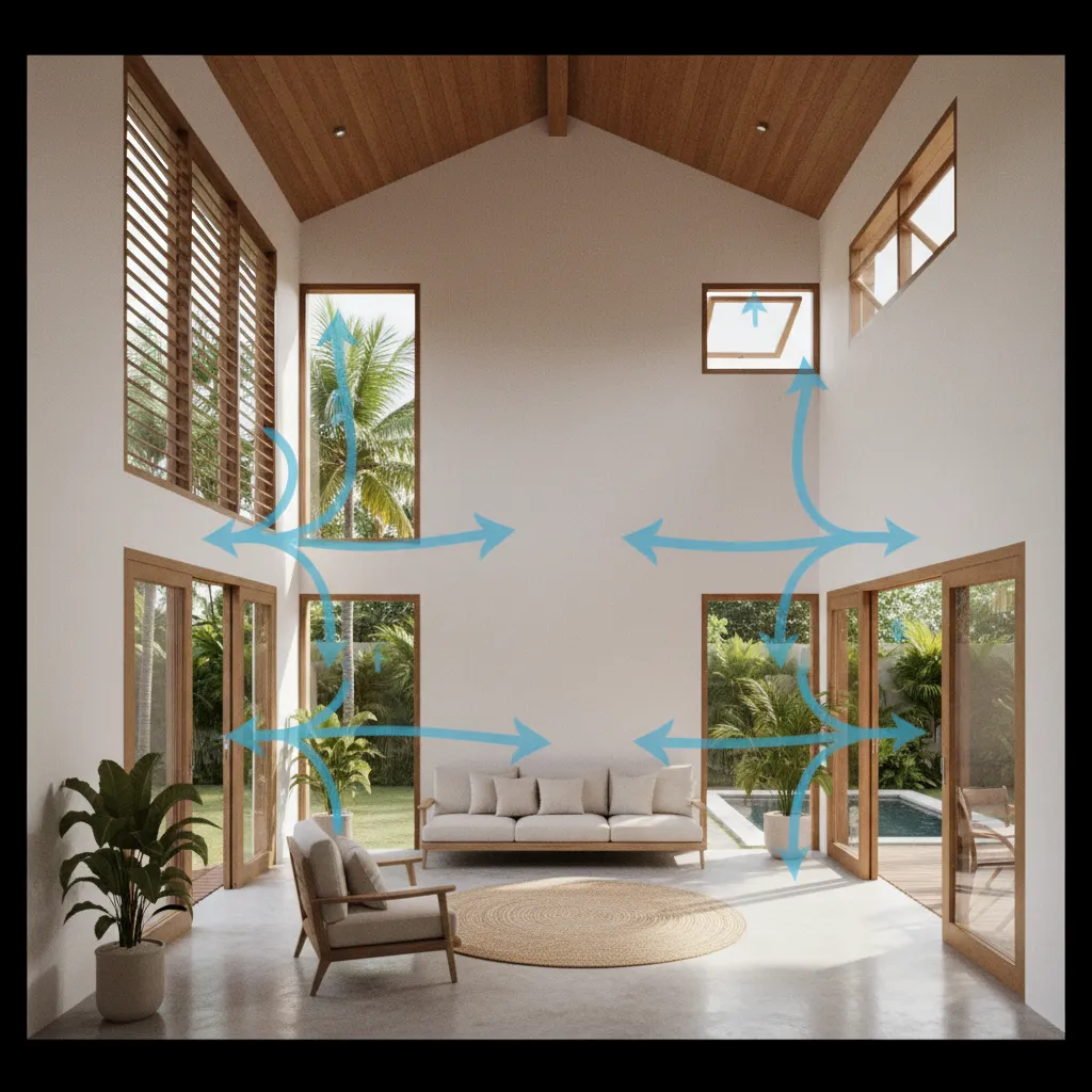 Tropical living room with high ceiling and blue arrows showing air flow through windows and doors