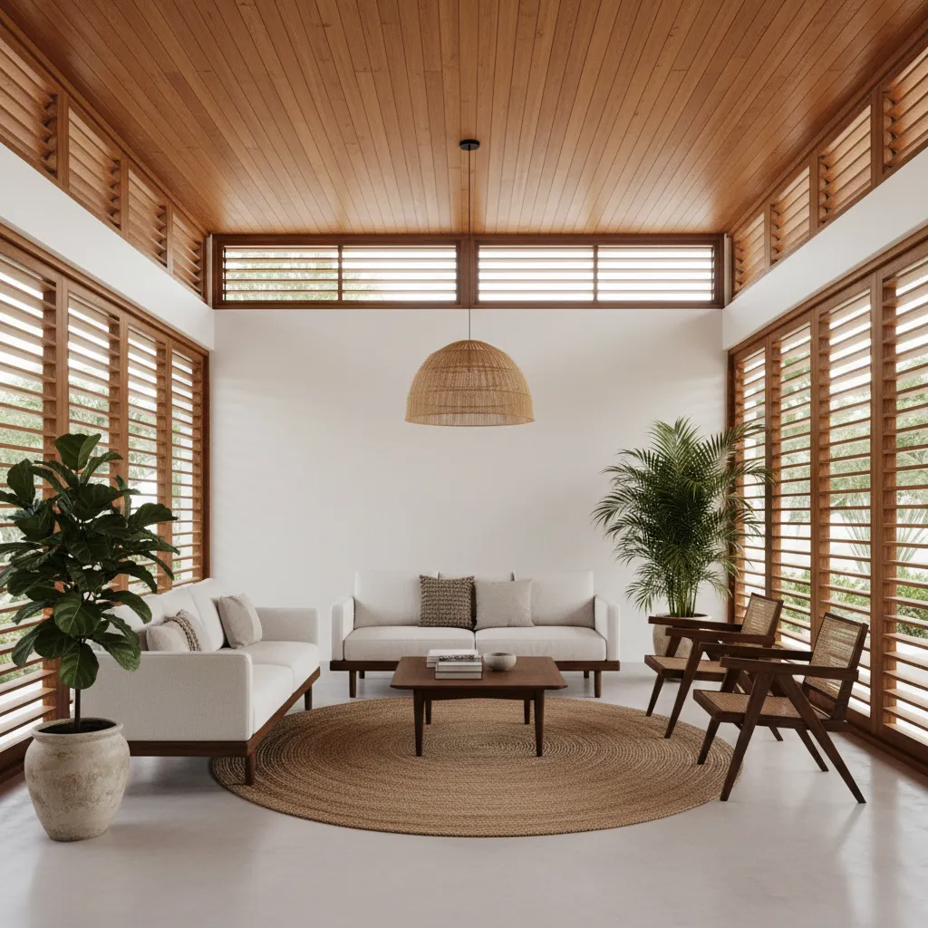 Interior rumah tropis dengan ventilasi silang dan jendela besar