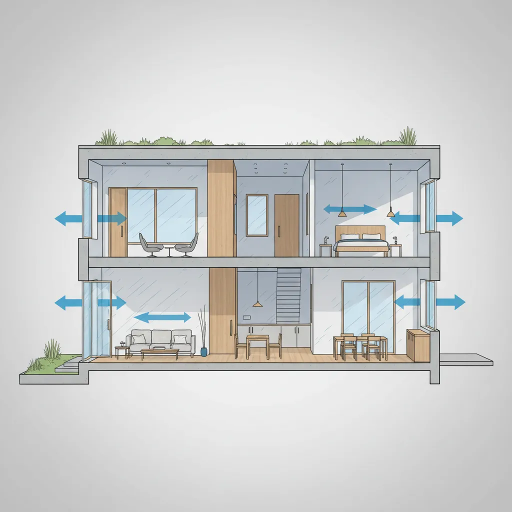 Ilustrasi ventilasi silang pada rumah dua sisi