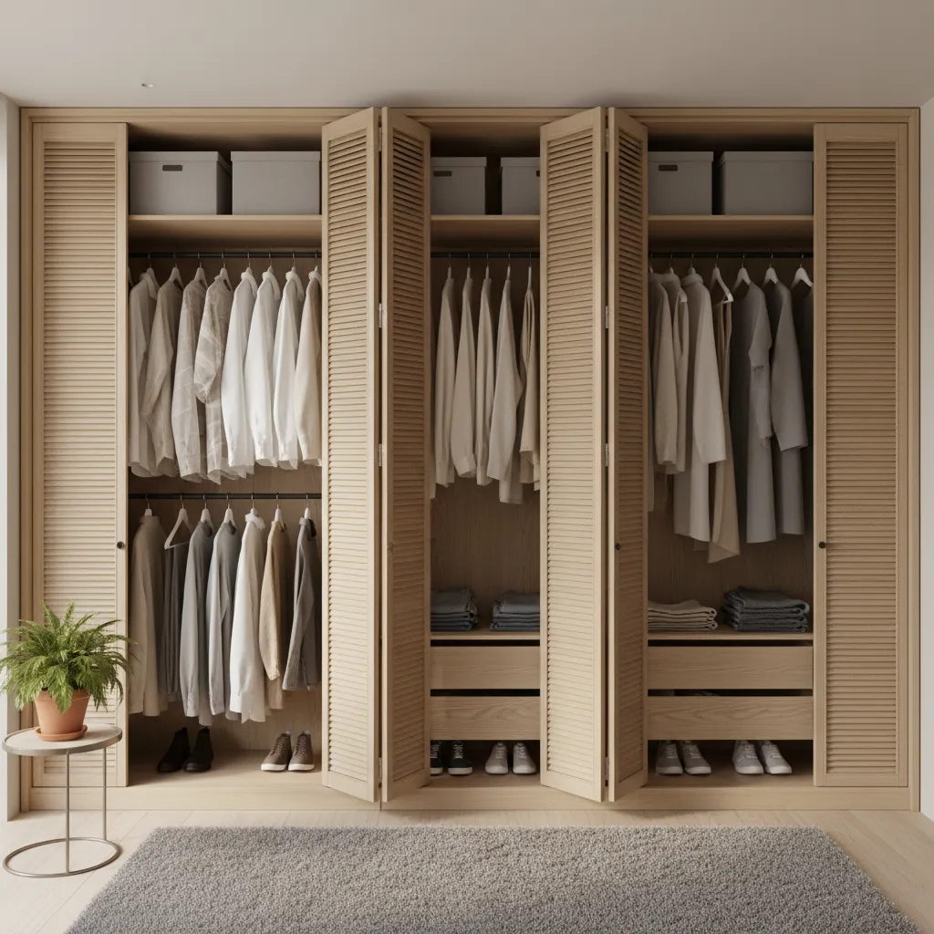 louvered closet doors allowing airflow inside bathroom closet