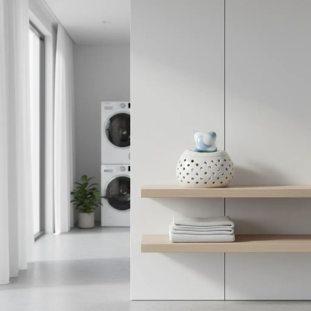 Ceramic container with ventilation holes holding laundry pod for scent release