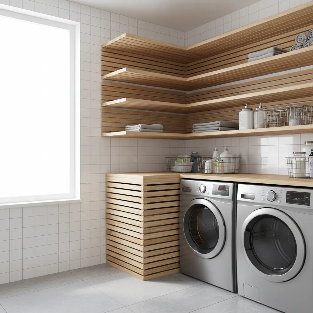 Laundry room corner shelves with ventilation gap and slatted design