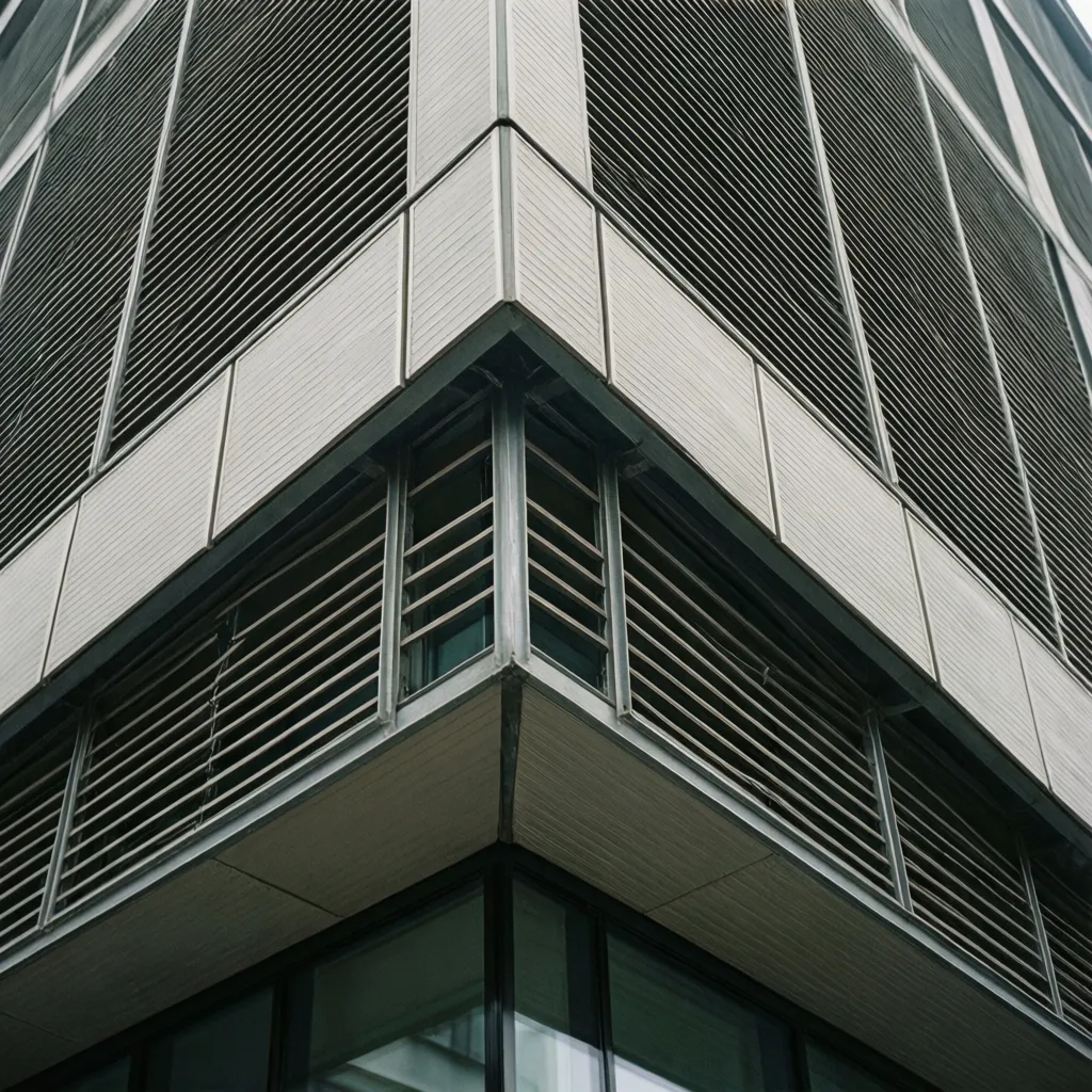 Close up view of a building corner showing metal wall panels and horizontal window slats