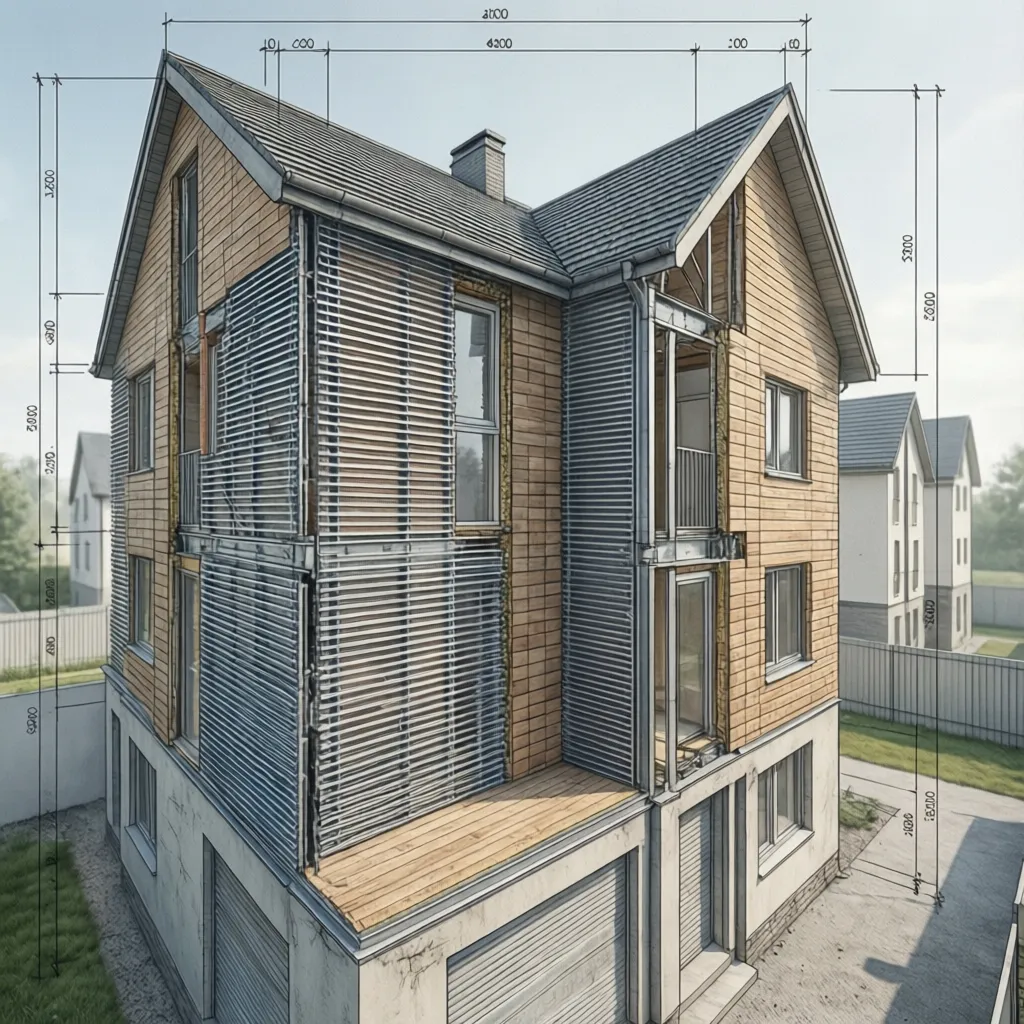 Interior design drawing of a house showing wall layers with wood panels and metal panels