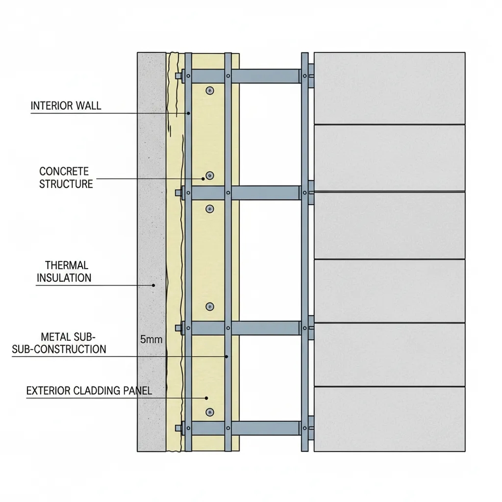 Esquema constructivo de una fachada ventilada con capas estructurales