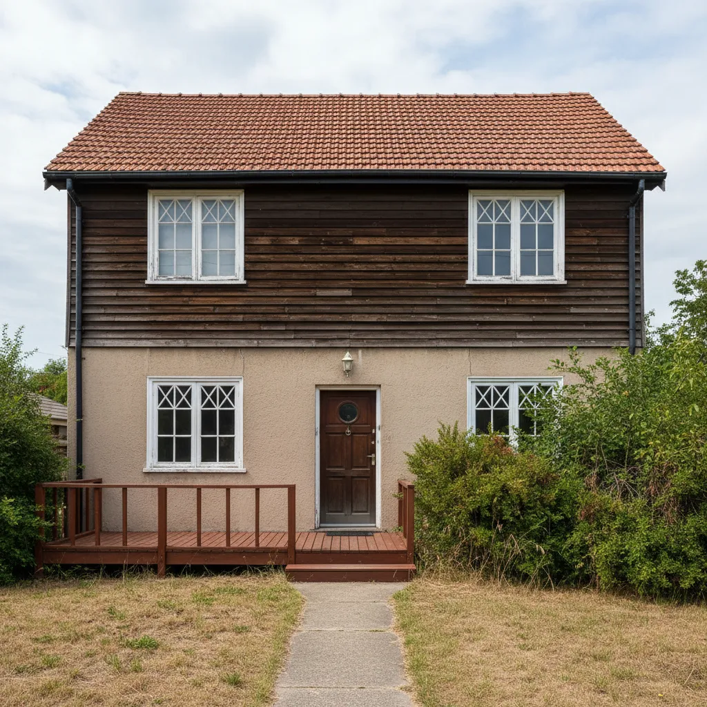 Two story house with brown wood top floor beige bottom floor and red tile roof