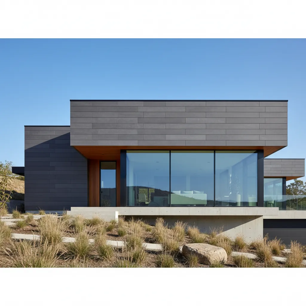 Modern grey house with large glass windows wooden ceiling concrete base and dry grass landscaping