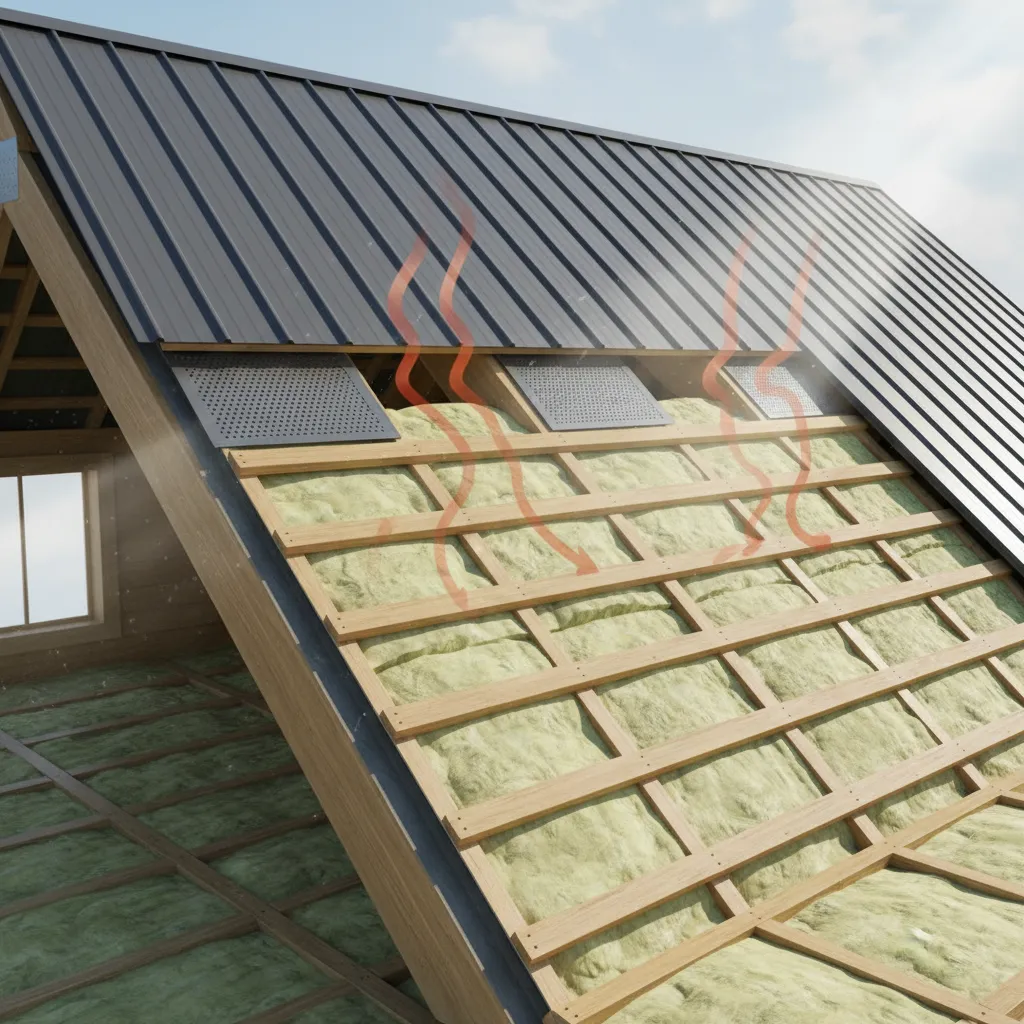 Ventilated metal roof reducing attic heat through airflow channels
