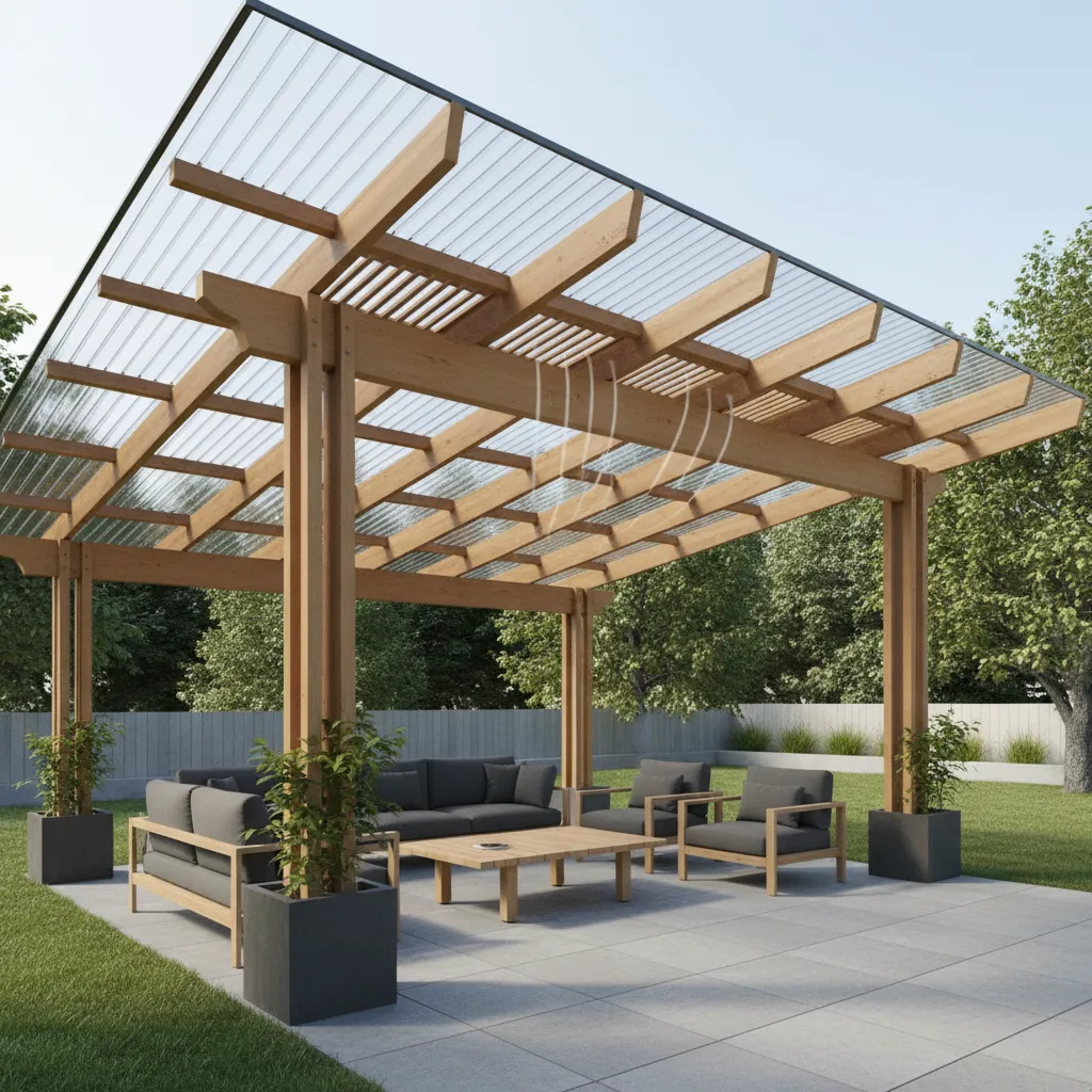 patio roof structure with ventilation gap and airflow improving outdoor comfort