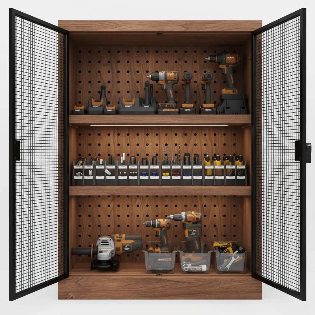 power tool cabinet with ventilation holes and mesh panels for airflow