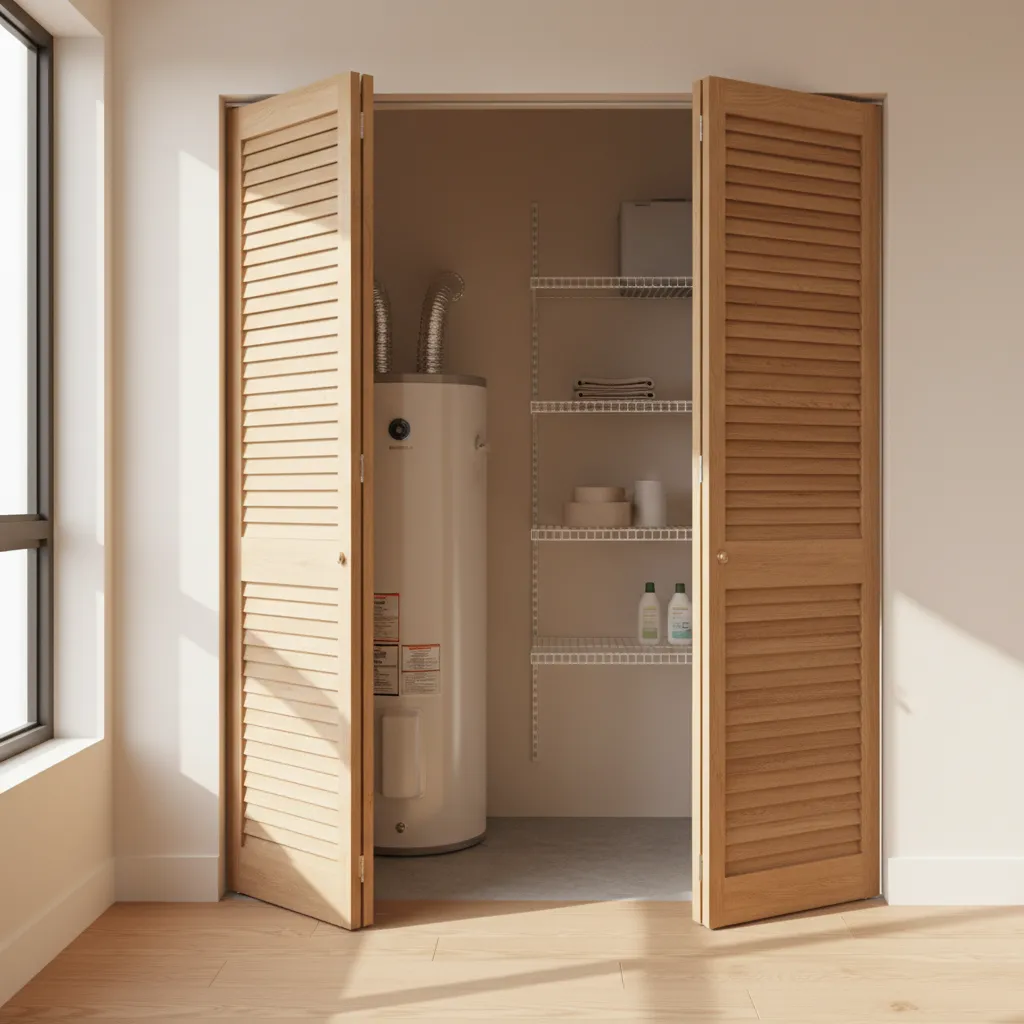 water heater closet with louvered doors for ventilation