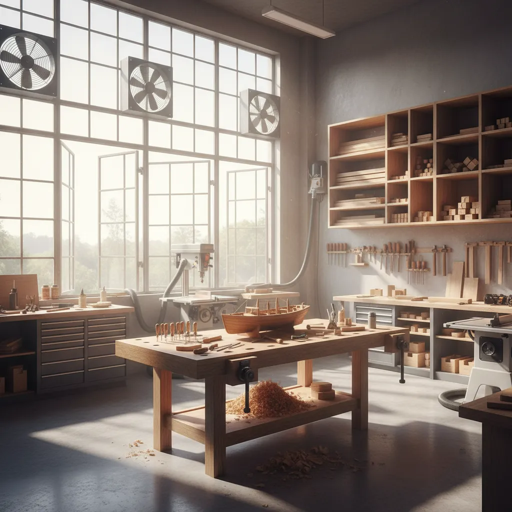 Well ventilated woodworking workshop with open windows and airflow during chemical work