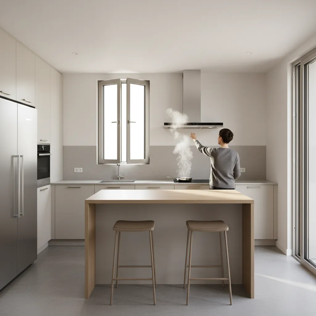 home cook opening window and turning on range hood to remove fish smell