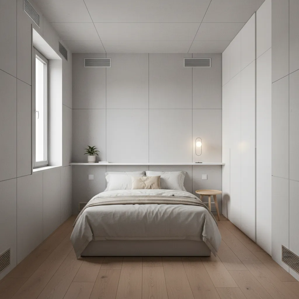 Renovated small bedroom with improved ventilation and insulation in former laundry room