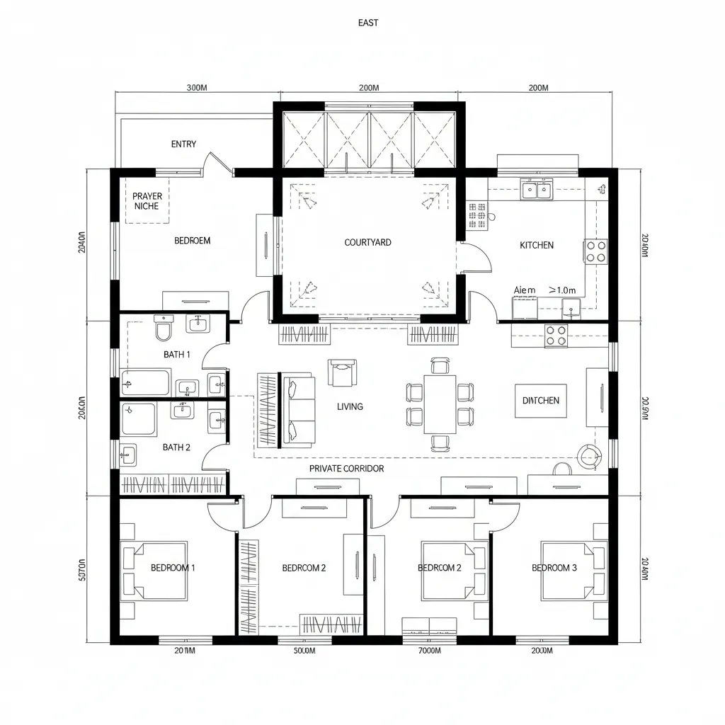 Detailed floor plan with central courtyard living room kitchen four bedrooms and bathrooms showing layout