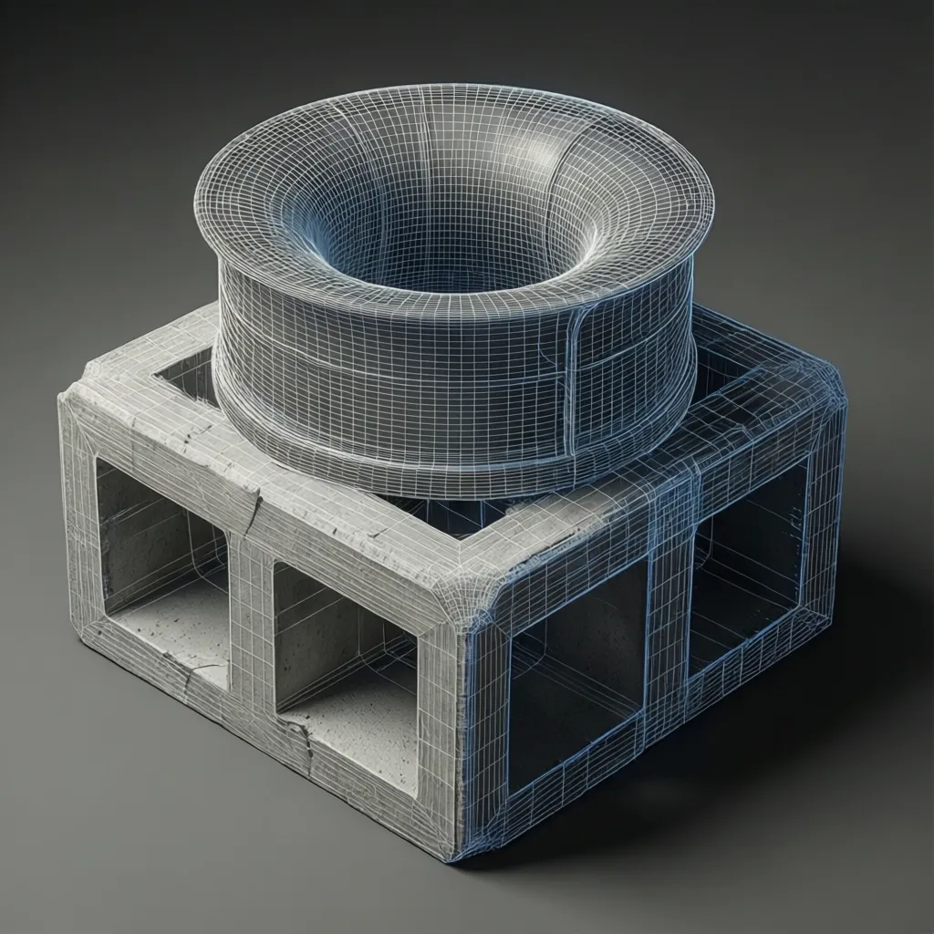 wireframe view showing repaired mesh geometry on a cement ventilator block